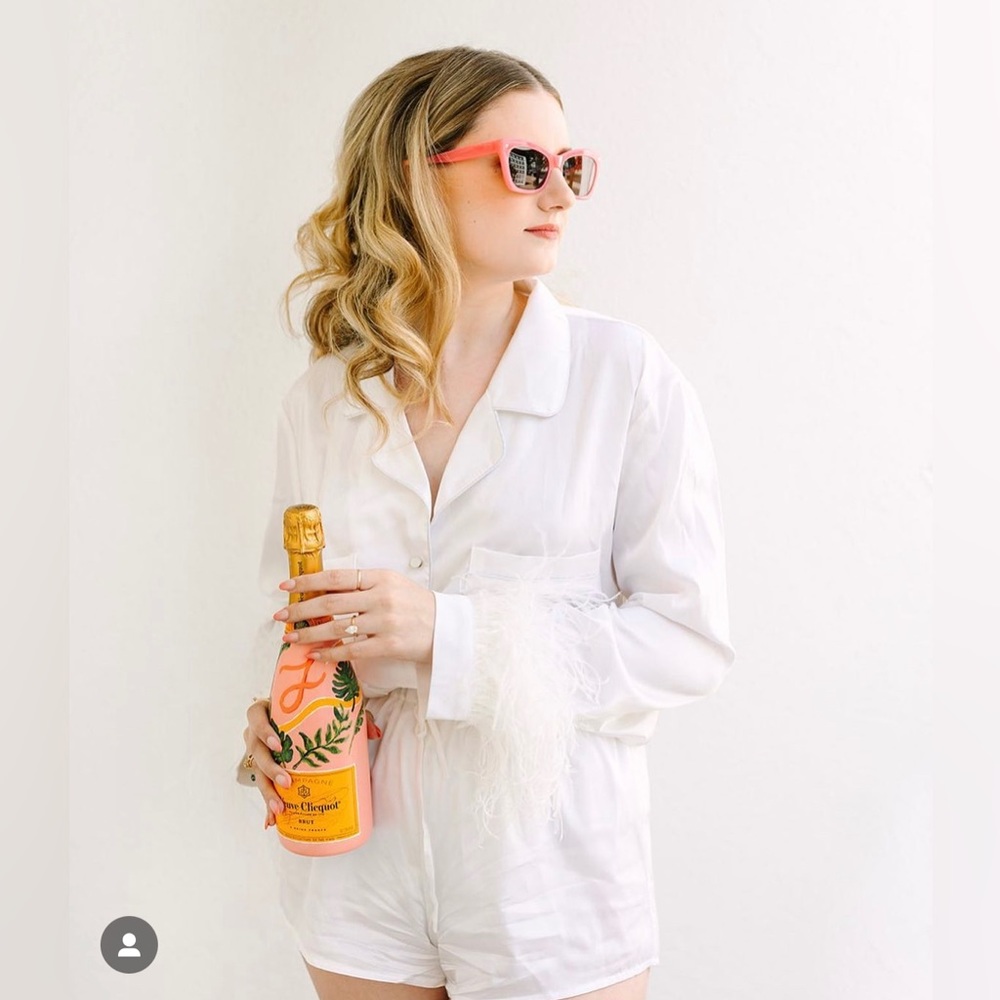 Bridal silk pajamas with feather trim